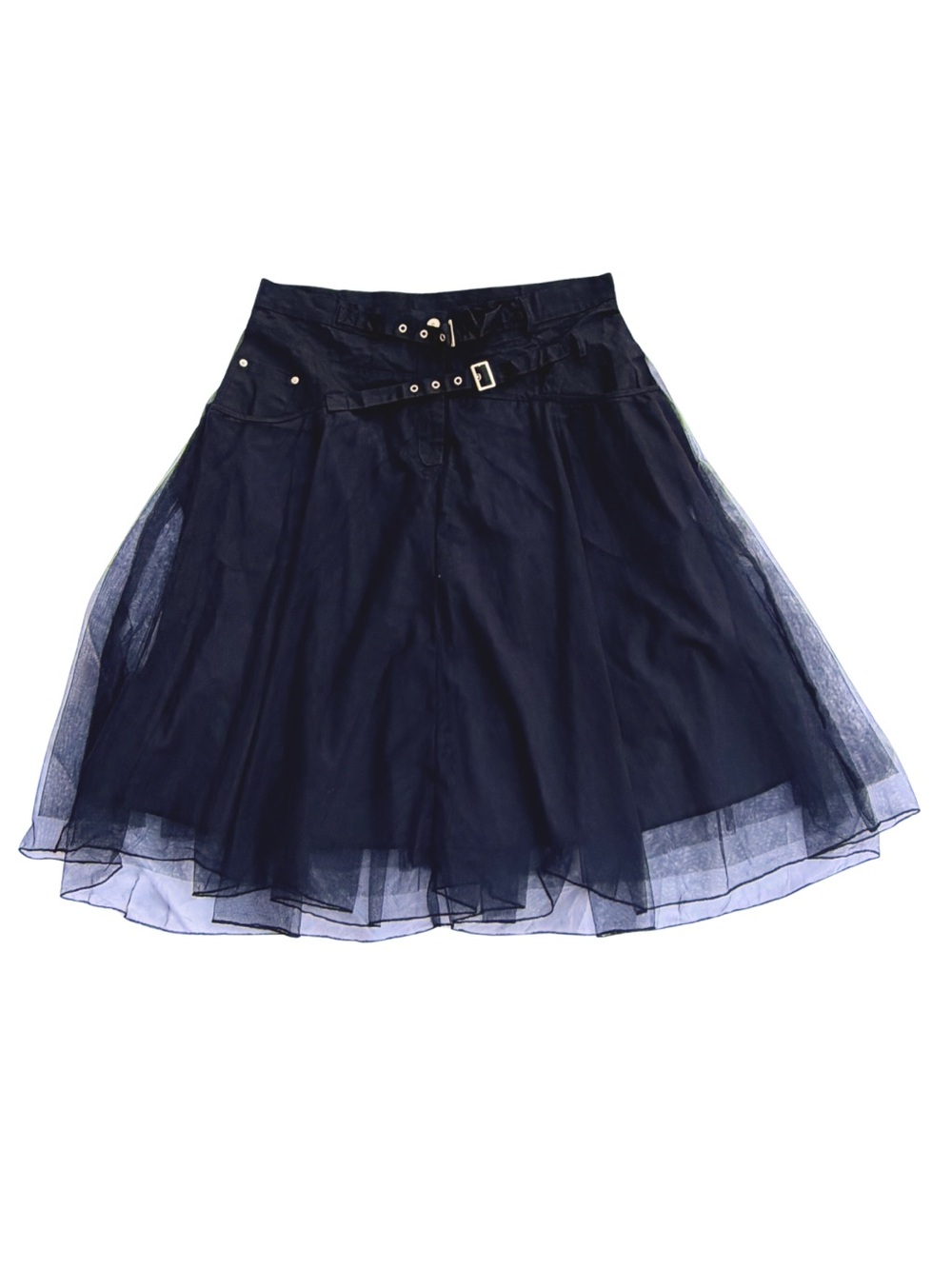 Washed Black Mesh Tulle Layered Belted Grommet Midi Skirt XL